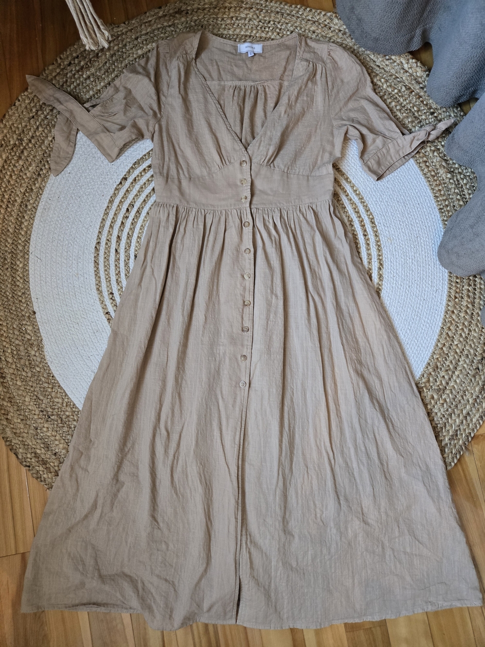 RIHOAS 100% Cotton Tan Button-Front Midi Dress Cottagecore Bohemian